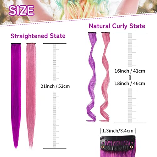 32 PCS Colored Clip in Hair Extensions, BEAHOT 16-21Inch Rainbow Long Curly Wavy Hairpieces Clip in Synthetic, Halloween Cosplay Dress Up Fashion Party Christmas New Year Gift for Women Kids Girls