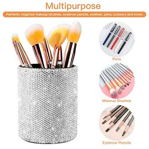 OTOSTAR Bling Crystal Makeup Brush Holder Organizer Storage Cosmetic Tools Eyebrow Pencil Eyeliners, Multifunctional Handcrafted Rhinestones Pen Holder for Home Office (Silver)
