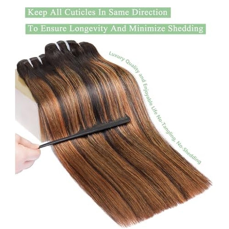 mlip Raw Bundles Human Hair Straight, No Tangle Shedding, Keep Texture Silky Soft After Multiple Washes, 15A Raw Indian Hair Bundles 12 Inches, Brown Highlight Bundles