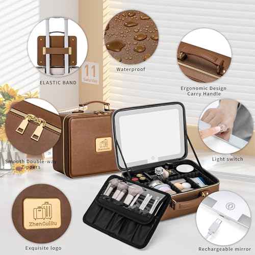 Makeup Bag with LED Mirror & Magnifier, Large Cosmetic Organizer Travel Makeup Case with Adjustable Brightness & 6 Detachable Dividers, Portable Makeup Storage for Women Girls (Brown)
