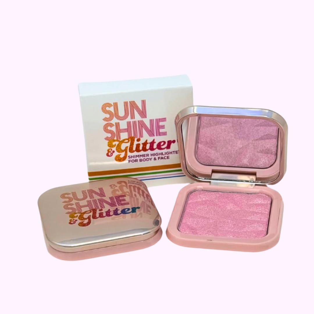 Sunshine & Glitter Pretty in Pink Glow Highlighter Compact – Radiant Shimmer Face Illuminator, Face Highlighter Makeup, Luminizer Powder for Glow, Contour & Highlight