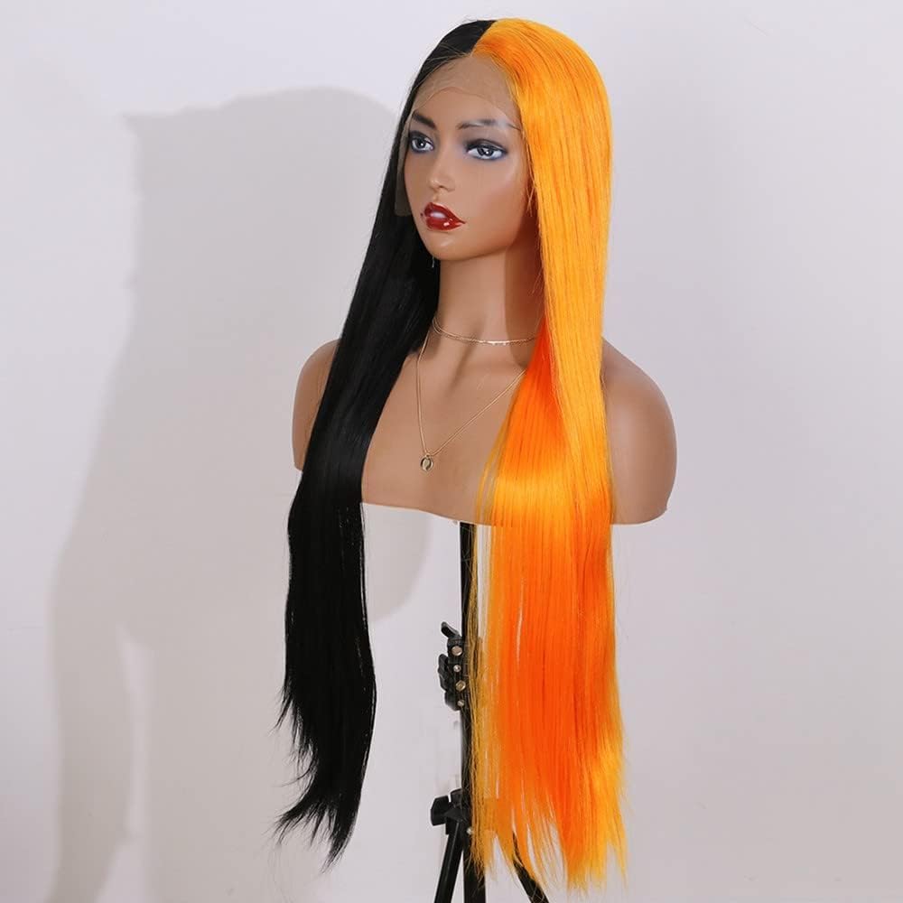 melody wig Half Black Half Orange Synthetic Lace Front Wig Long Silky Straight Wigs Heat Resistant Fiber Long Wigs …