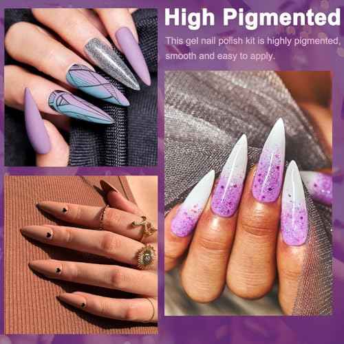 Lavender Violets 30 Pcs Gel Nail Polish Set, 27 Colors Purple Blue Brown Red with Glitter Glossy Matte Gel Base and Top Coat Set for Nail Art C975