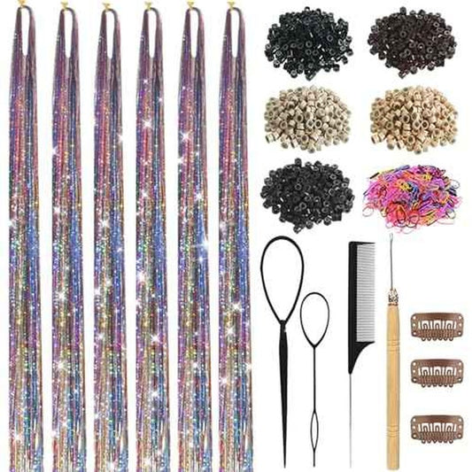 Hair Tinsel, Hair Tinsel Kit for Girls 1800 Strands Fairy Tinsel Hair Extensions Holographic Hair Tinsel Heat Resistant Colored Hair Glitter Christmas Party Festival (7 Colors)