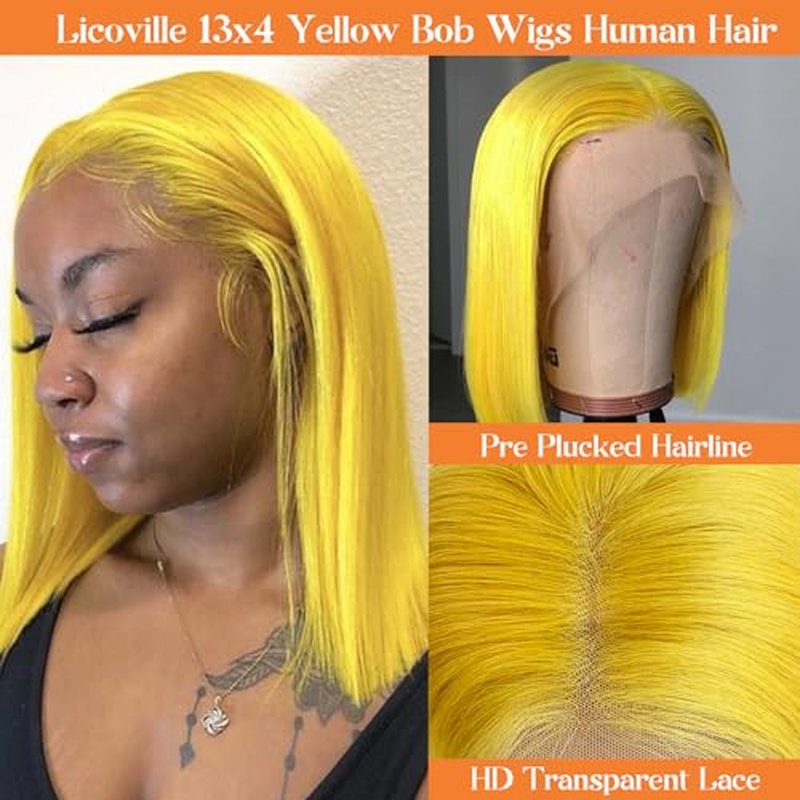 Yellow Bob Wigs Human Hair Straight 13x4 HD Transparent Lace Front Wigs Human Hair Colored Glueless Wig Pre Plucked 180% Density 8 Inch Short Yellow Bob Lace Wig Free Part