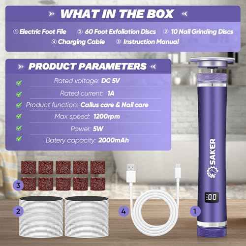 Saker Electric Foot Callus Remover, Electric Foot File Nail Grinder 2 in 1, Rechargeable Pedicure Tools for Feet with 60+10PCS Sandpaper & 12 Adjustable Speeds for Men Women Dead Dry Skin Calluses