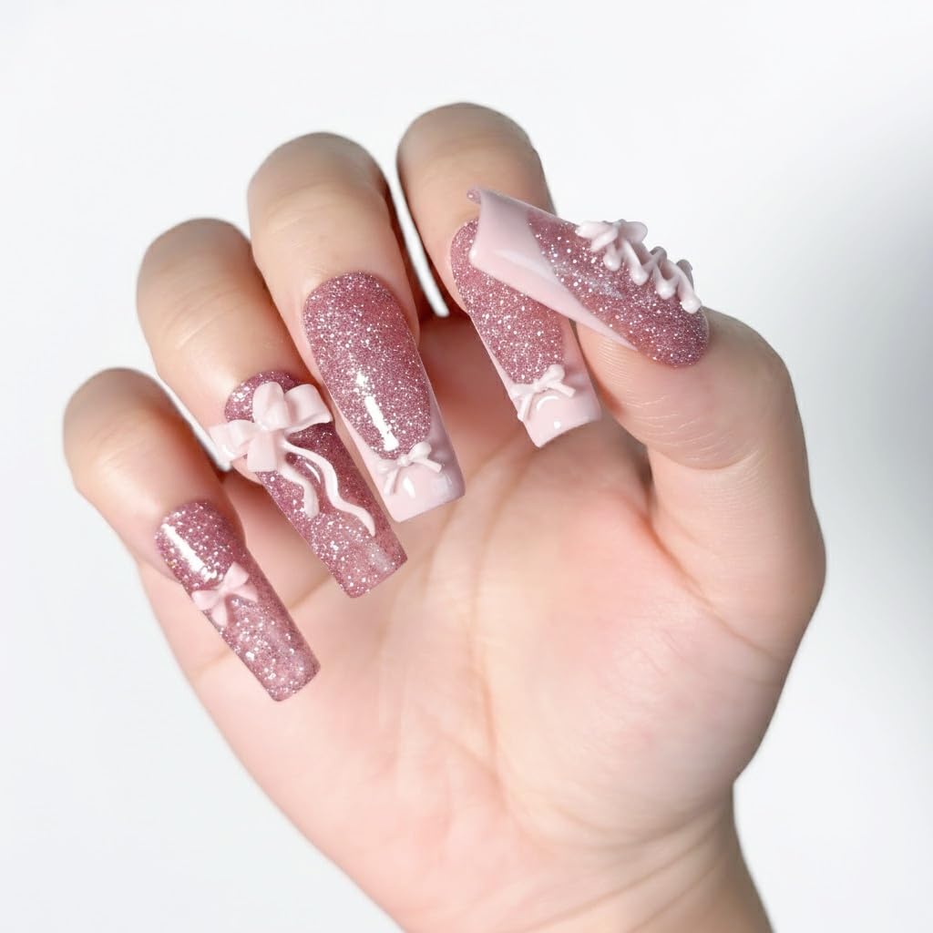 Handmade Square Press on Nails Long,Shimmery Light Pink Purple French Tip,3d Bow design,XS