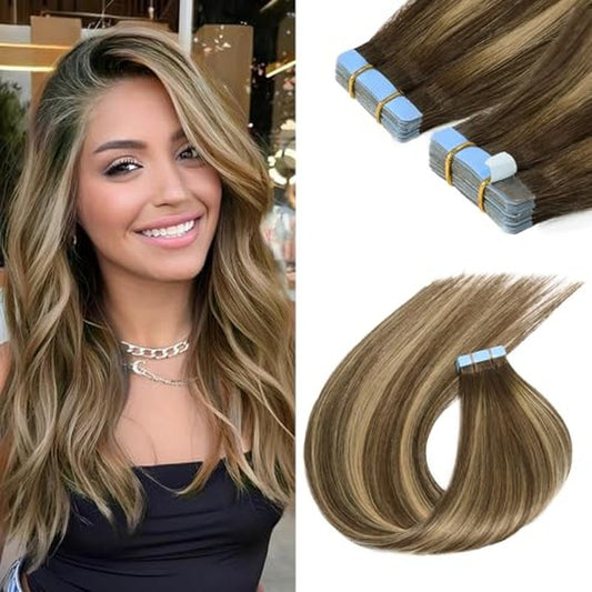 Sunfly Tape in Human Hair Extensions 22 Inch Balayage Chocolate Brown to Caramel Blonde 50g Human Hair Extensions Tape Ins 20pcs