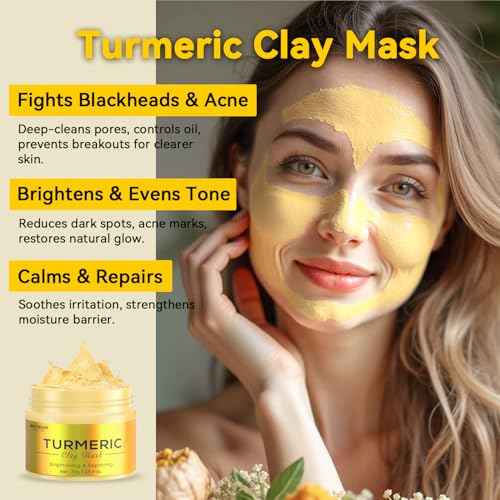Turmeric Clay Mask, Green Tea, Dead Sea Minerals Mud Mask, Spa Facial Mask 3-Piece Set for Deep Cleansing, Moisturizing and Refining Pores, Vegan & Cruelty-Free, 7.5 fl.oz