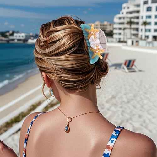 BVGA Sea Animal Hair Claw Clips Marine Life Starfish Seashell Pearl Crystal Claw Clips Cute Large Claw Hair Clips Beach Stylish Hair Accessories Gifts for Women Girls (Shell Starfish Blue)