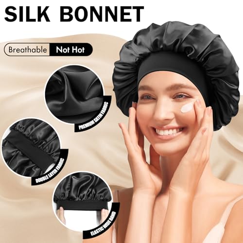 Satin Silk Bonnet for Sleeping, Double Layer Silk Sleep Cap for Men & Women, Soft Satin Lined Bonnet for Curly Hair