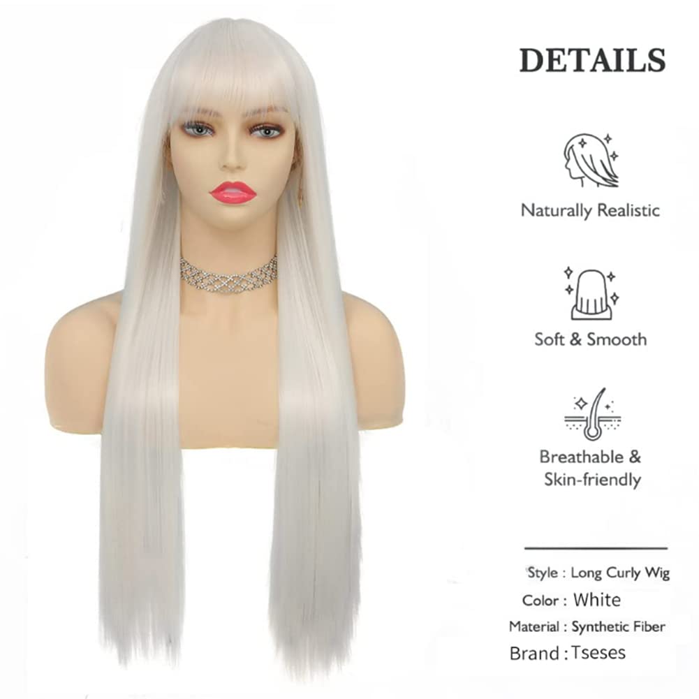 Tseses White Straight Long Wigs for Women with Flat Bangs Synthetic Hair Natural Looking Halloween Cosplay Daily Wig with Wig Cap