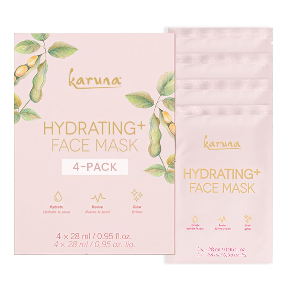 Karuna Hydrating+ Sheet Masks 4-Pack | Deep Moisturizing K-Beauty Face Masks with Hyaluronic Acid & Peptides | For Dry, Aging Skin | Vegan & Cruelty-Free