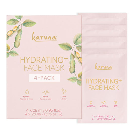 Karuna Hydrating+ Sheet Masks 4-Pack | Deep Moisturizing K-Beauty Face Masks with Hyaluronic Acid & Peptides | For Dry, Aging Skin | Vegan & Cruelty-Free