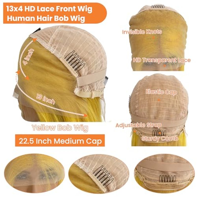 Yellow Bob Wigs Human Hair Straight 13x4 HD Transparent Lace Front Wigs Human Hair Colored Glueless Wig Pre Plucked 180% Density 8 Inch Short Yellow Bob Lace Wig Free Part