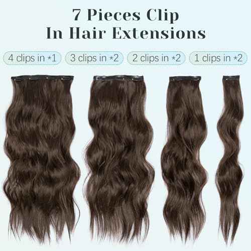 KooKaStyle Clip in Hair Extensions for Women with Thinning Hair£¬7PCS 20 Inch Thick Long Wavy Hair Extensions Clip Ins£¬Chocolate Brown with Dark Brown Synthetic Hairpiece for Daily Use Voluminous Look