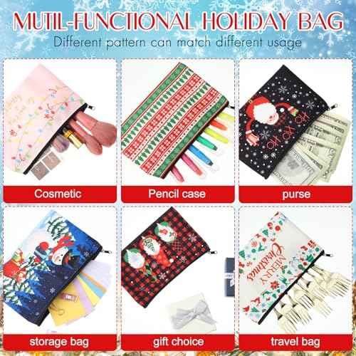 Abbylike 40 Pcs Christmas Gift Makeup Bags Buffalo Plaid Holiday Cosmetics Bag with Zipper Xmas Gnomes Elk Snowman Goodie Portable toiletry Pouch with Dwarf Santa Claus for Women Travel