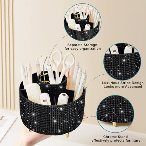 Diesisa Bling Diamond 360¡Æ Makeup Brush Holder Organizer, Rotating Makeup Brush Organizer,5 Slot Make up Brushes Cup for Cosmetics, Vanity Desktop Organizer, Gift for Women Teen Girls- Diamond Black