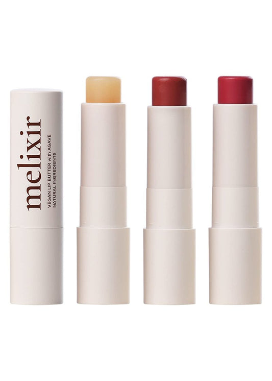 Melixir Vegan Lip Butter Trio (#01 Agave, #02 Nudy Rose, #05 Dewy Rose) – Hydrating Tinted Lip Balm for Dry, Chapped Lips, Petrolatum-Free, Gift Set for Women, Korean Lip Care, Skincare Set
