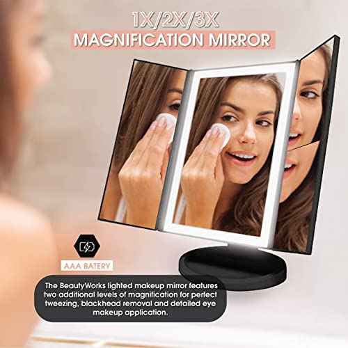 Beautyworks Backlit Makeup Vanity Mirror 36 LED Lights Touch-Screen Light Control, Tri-Fold 1/2/3X Magnification, Portable High-Definition Cosmetic Magnifying Personal Makeup Mirrors (Midnight Black)