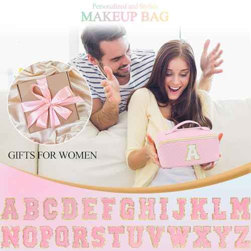 Makeup Bag Travel Toiletry Bag, Personalized Initial Pink Makeup Bag, Gift for Women Gils, Large Capacity Leather Cosmetic Bags, Waterproof Open Flat Organizer for Christmas, Halloween & Thanksgiving