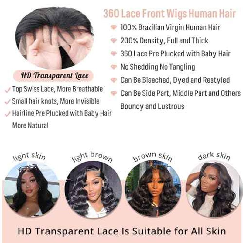 360 Lace Front Wigs Human Hair Body Wave 200% Density 20 Inch Upgraded Hidden Straps 360 HD Full Lace Wigs Human Hair With Drawstring Pre Plucked With Baby Hair for Women Natural Black