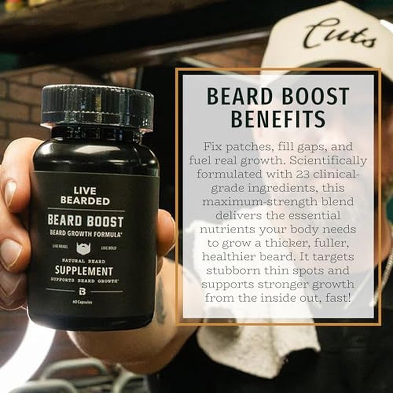 Live Bearded Beard Boost - Beard Growth Vitamins for Men with Biotin, Collagen, Silica, Fo-Ti Root - Facial Hair Growth for Men, Made in The USA | 60-Day Supply