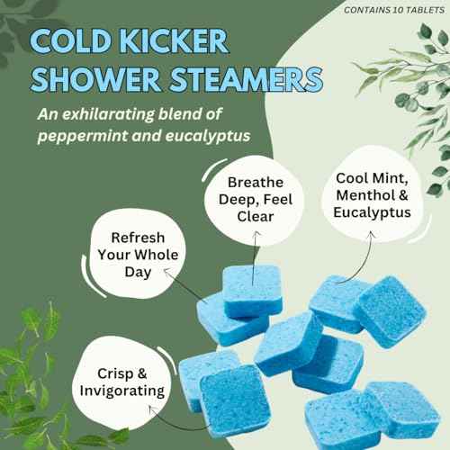 Cold Kicker Shower Steamers Aromatherapy for Sinus Relief - Adult Stocking Stuffer Christmas Gift - USA Made - Peppermint & Eucalyptus Shower Bomb Tablets - Soothing Natural Essential Oils (10 Pack)