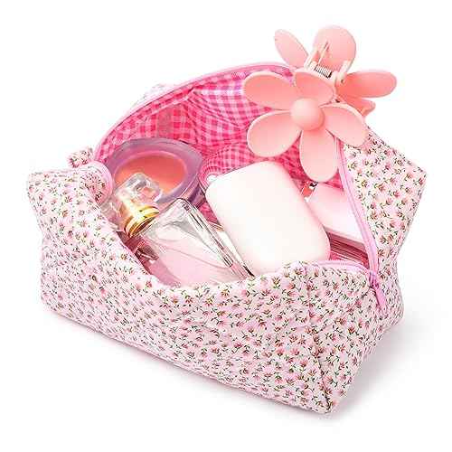 SOIDRAM Quilted Makeup Bag Floral Cosmetic Bag Puffy Coquette Makeup pouch Aesthetic Cute Pink Travel Toiletry Bag Organizer cotton Makeup Brushes Storage Bag for Women