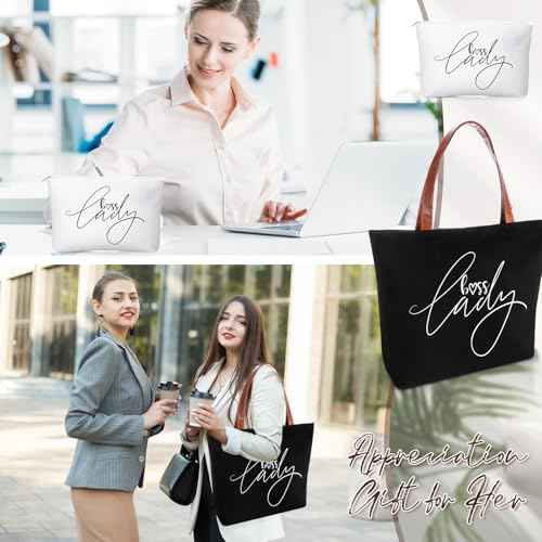 Sieral 2 Pcs Boss Lady Gifts for Women Bosses Day Lady Tote Bag with Zipper Makeup Bag Christmas Appreciation Gifts for Women Female Leader Coworker Colleague Birthday