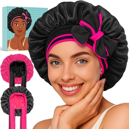 Reversible Silk Bonnet for Sleeping Women - Double Layer & Color Satin Bonnet, Adjustable Hair Cap for Curly & Textured Hair (Rose Red & Black)