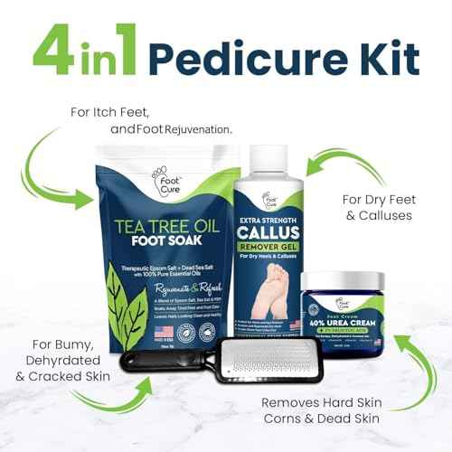 FOOT CURE Exfoliator & Callus Remover Pedicure Set ? Care Kit Includes File for Dead Skin, Tea Tree Oil Soak Salts, Urea Cream 40 Percent Removal Gel Made in USA, Ivory, 4 Piece