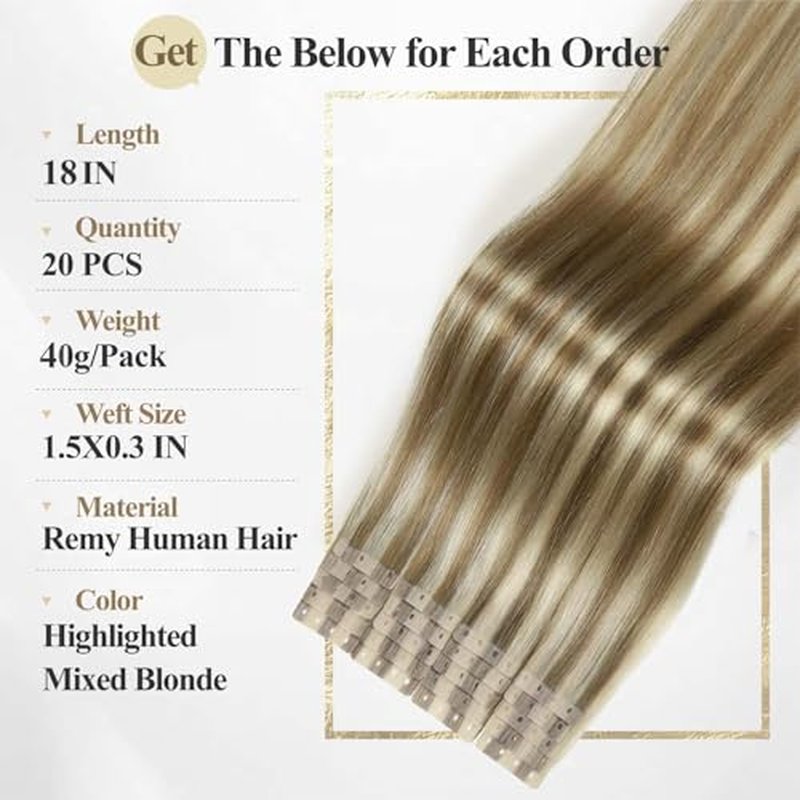 WIGER Seamless Highlighted Honey Blonde Human Hair Extensions No Glue No Gel Insert Human Extensions Balayage Invisible PU Hair Extensions (18 In, 20 Pcs)