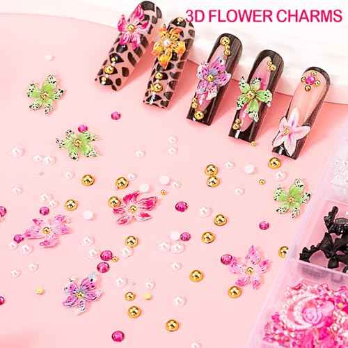 8000pcs 3D Nail Charms and Nail Gems, Cute Nail Rhinestones and Charms Y2K for Nails Nesign, Variety Butterfly Bow Moon Star Flower Junk Case Charms Gold Pearls Nail Jewels for Nail Art Decorations