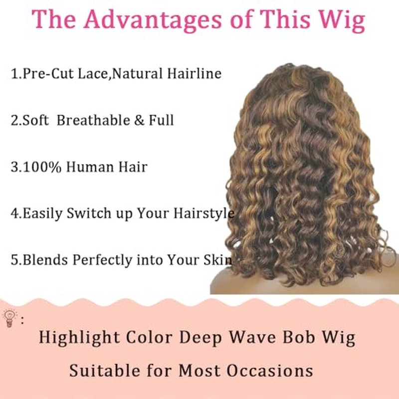 2/30 Highlight Bob Wig Human Hair 4x4 Wear and Go Glueless Wigs Pre Cut Lace 180% Density Deep Wave Human Hair Wigs for Black Women Beginner Friendly Highlight (Glueless Bob Wig, 8inch)