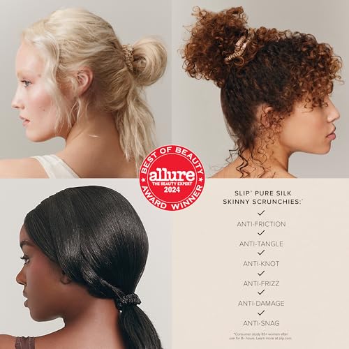 slip Silk Skinny Scrunchies - Black | Set of 4 Skinny Scrunchies | 100% Mulberry Silk, Anti-Crease, Gentle on Hair, Reduces Breakage | Stylish & Durable, Ideal for All Hair Types