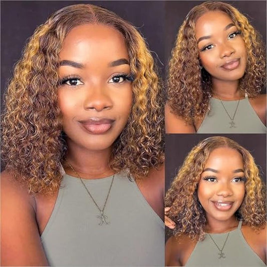 Wear and Go Glueless Wig Human Hair Pre Plucked Pre Cut 4/27 Highlight Ombre Bob Wig Human Hair Honey Blonde Deep Wave HD Lace Front Wig 4x4 Curly Closure Human Hair Wigs for Women 10 INCH