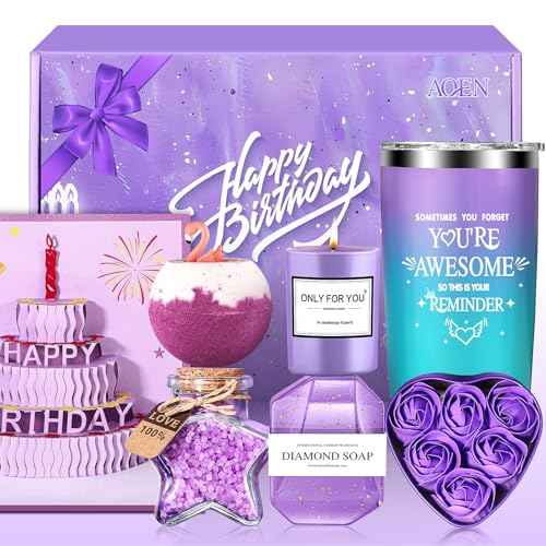 Birthday Gifts for Women Friendship, Aoen Unique Happy Birthday Gifts for Best Friends Women, Mom, Sister, Wife, Coworker, 7P Purple Self Care Spa Gifts Baskets for Christmas, Valentines, Mothers Day
