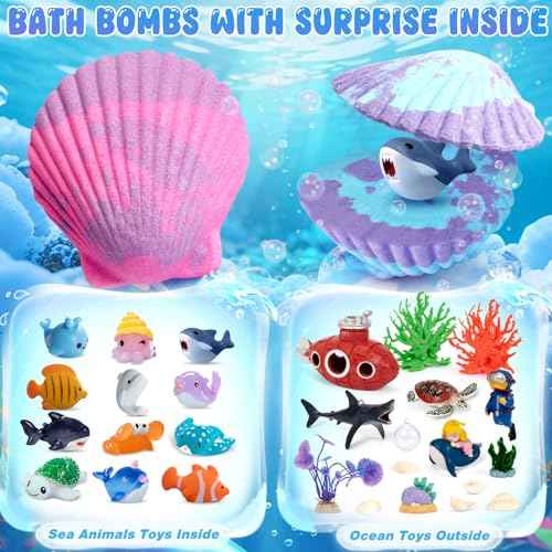 Ocean Bath Bombs for Kids with Toys Inside, 12 Pack Kids Shell Bath Bombs with Surprise Sea Animal Toys for Boys Girls Handmade Bubble Bath Fizzies Birthday Christmas Gift Set
