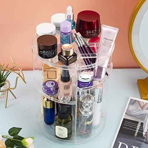 Argox 360¡Æ Rotating Makeup Organizer, Skincare Storage Box, Cosmetic Display Case with Brush Holder Perfume Tray, Multifunctional Rotating Rack Suitable for Dressing Tables and Bathroom Countertops