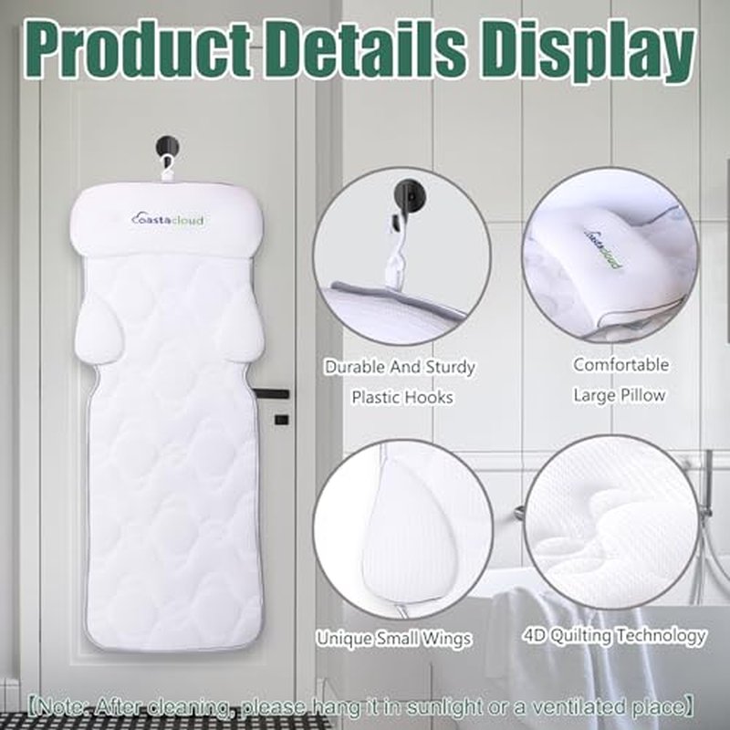 Coastacloud Full Body Bath Pillow for Bathtub, Luxury Bathtub Pillow with Suction Cups, 4D Breathable Mesh Spa Cushion for Headrest, Neck and Back Support, Quick Drying Polyester, White, 49" x 16"