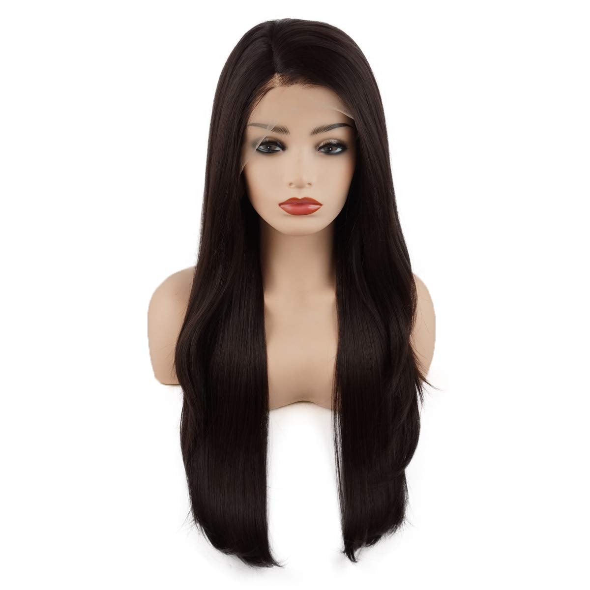 Meiyite Hair Straight Long 24inch Dark Auburn Heavy Density Realistic Heat Resistant Synthetic Lace Front Wig