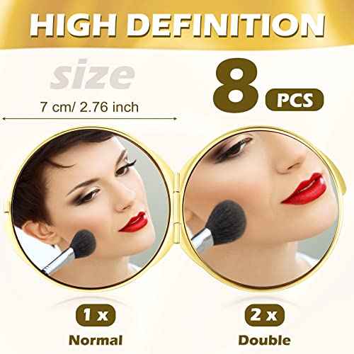 8 Pcs Gold Compact Mirror Bulk, Metal Round Shell, 1x 2x Magnification Double Sided, Portable, Folding, Mini Travel Pocket Mirror for Women Girls Party Favor Bridesmaid Christmas Gifts