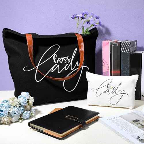Sieral 2 Pcs Boss Lady Gifts for Women Bosses Day Lady Tote Bag with Zipper Makeup Bag Christmas Appreciation Gifts for Women Female Leader Coworker Colleague Birthday
