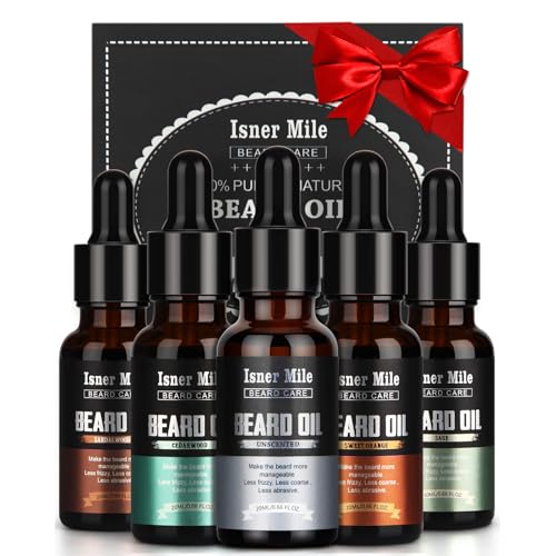 ISNER MILE Beard Oil Kit for Men Conditioner: Cedarwood Sandalwood Sage Orange Unscented, Mustaches Soften Moisturizing, Valentines Gifts for Him Husband, Fathers Birthday Gifts for Dad Men Boyfriend