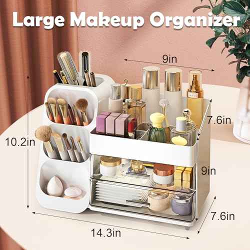 Makeup Organizer Countertop, Vanity Organizer with Brush Holder, Cosmetic Display Case with Drawers, Skincare Organizer for Dresser, Bathroom, Makeup Storage Holder for Women Christmas gifts