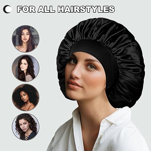 Extra Large Satin Bonnet Hair Cap, 17inches Silk Bonnet for Sleeping, Jumbo Silk Sleep Cap for Women Braids Curly Hair Locs 1Pcs (Black)