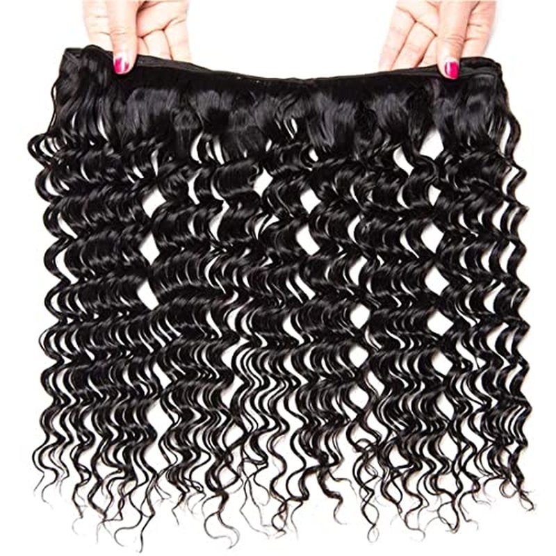 FQ Brazilian Deep Wave Bundles with Closure Deep Curly Weave Human Hair Bundles with Lace Closure Unprocessed Virgin Hair Weft Bundles and 4x4x1 Closure(12 14 16+10, 70g/bundle)