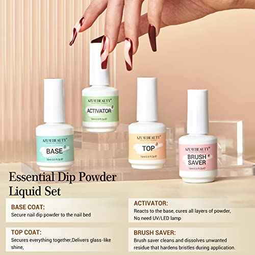 AZUREBEAUTY Dip Powder Liquid Set 15ml/0.5oz 8 Pcs Dipping Base Activator and Top Coat Brush Saver Nail File Necessary Tools for Dip Kit No Lamp Needed