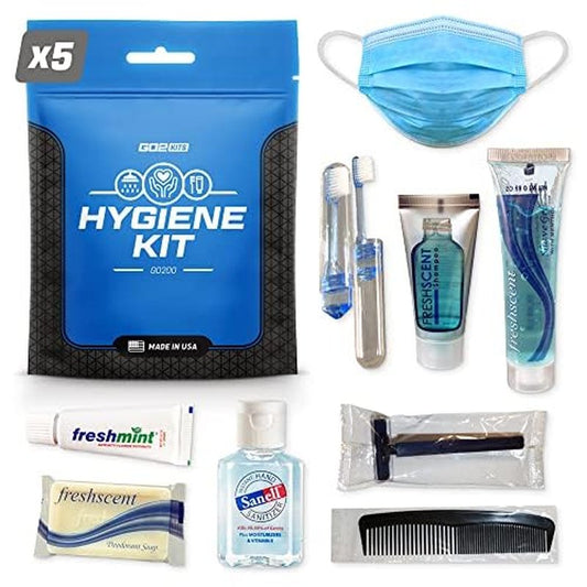 Ultimate Travel Toiletry & PPE Kit, Hygiene Kit with Shaving Supplies & PPE for Travel, Business & Charity with Reusable Toothbrush, Bath Soap & Other Essential Toiletries, 5-Pack (GO200)